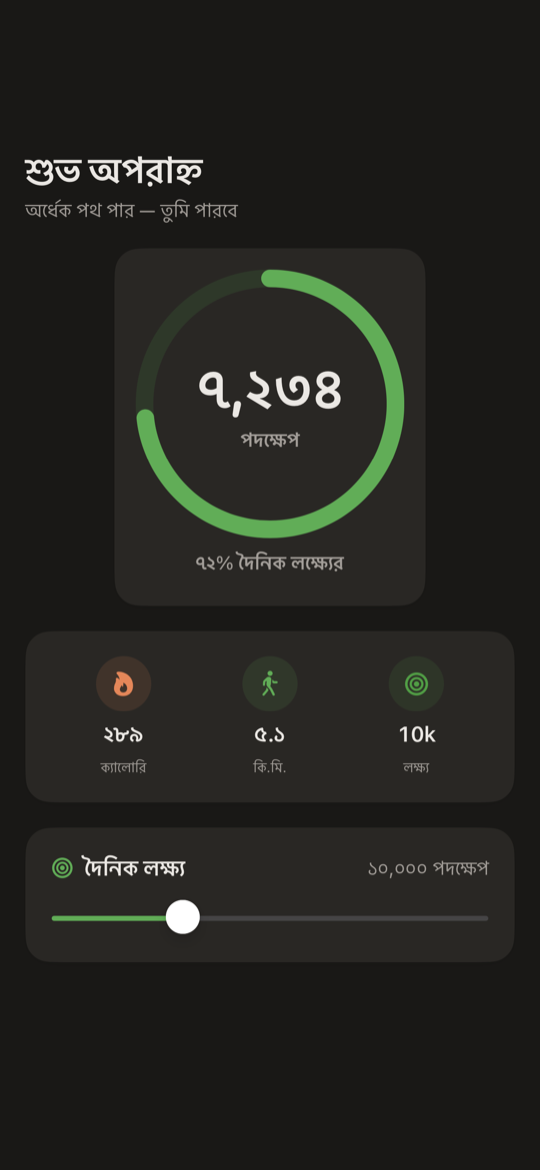 iPhone-এর জন্য SimpleSteps পেডোমিটার — পদক্ষেপের রিং, গণনা ও হাঁটা দূরত্ব দেখানো আজকের স্ক্রিন