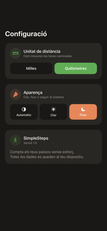 Pantalla d'Ajustaments de SimpleSteps amb unitat de distància, aparença i objectiu de passos