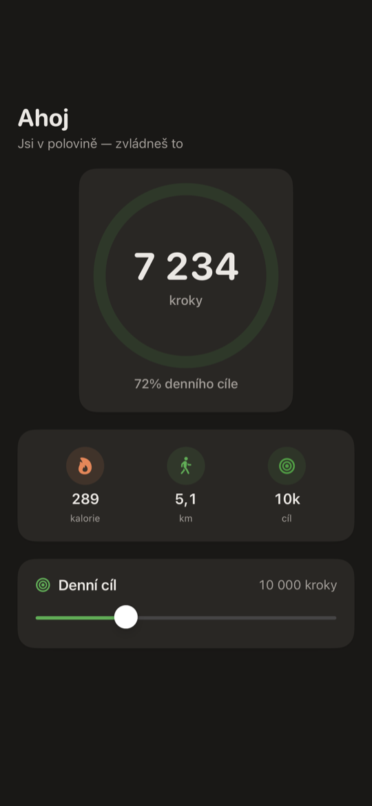 Krokoměr SimpleSteps pro iPhone — obrazovka Dnes s prstencem kroků, počtem a ušlou vzdáleností