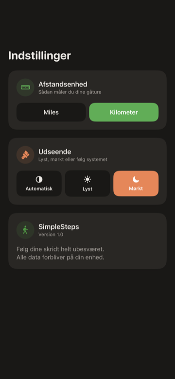 SimpleSteps Indstillinger-skærm med distanceenhed, udseende og skridtmål