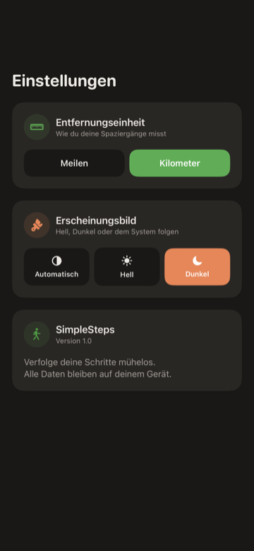 SimpleSteps Einstellungen-Bildschirm mit Distanzeinheit, Erscheinungsbild und Schrittziel