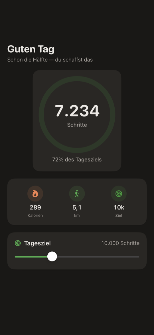 SimpleSteps Schrittzähler für iPhone — Heute-Bildschirm mit Schritt-Ring, Schrittzahl und zurückgelegter Distanz
