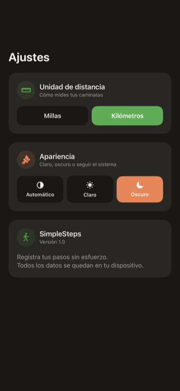 Pantalla de Ajustes de SimpleSteps con unidad de distancia, apariencia y meta de pasos
