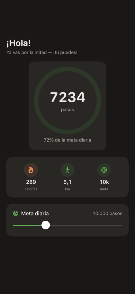 Podómetro SimpleSteps para iPhone — pantalla de Hoy con el anillo de pasos, el contador y la distancia recorrida