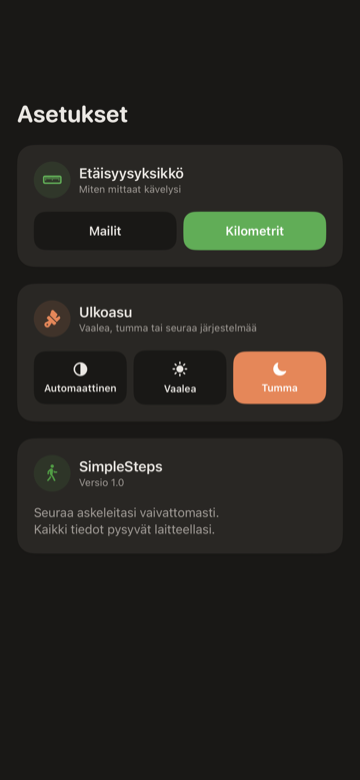 SimpleSteps Asetukset-näyttö etäisyysyksiköllä, ulkoasulla ja askeltavoitteella