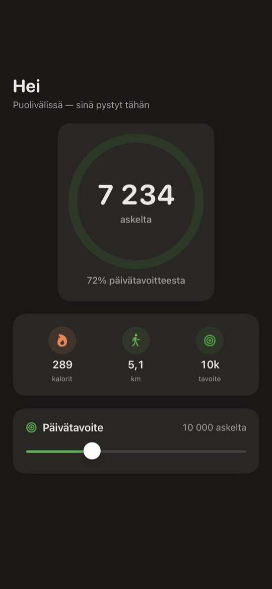 SimpleSteps askelmittari iPhonelle — Tänään-näyttö askelrenkaalla, askelmäärällä ja kuljetulla matkalla