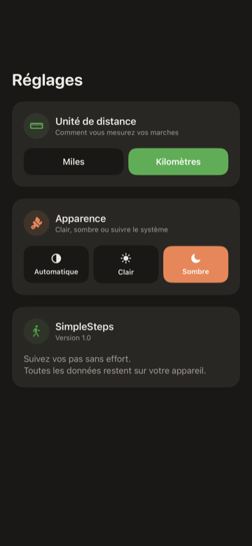 Écran Réglages de SimpleSteps avec unité de distance, apparence et objectif de pas