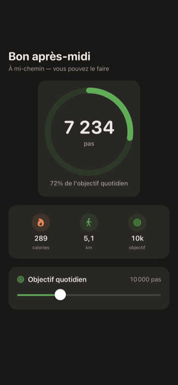 Compteur de pas pour iPhone — anneau circulaire avec le compte du jour, la distance et la progression vers l'objectif