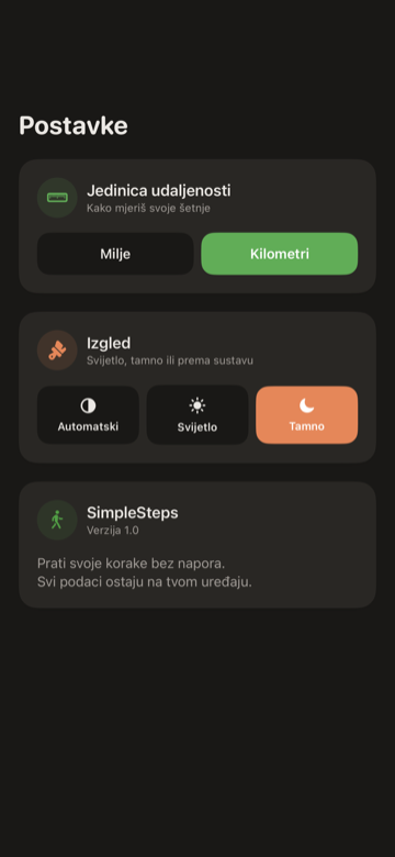 Zaslon Postavki SimpleSteps s jedinicom udaljenosti, izgledom i ciljem koraka