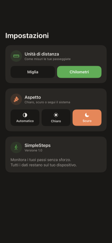 Schermata Impostazioni di SimpleSteps con unità di distanza, aspetto e obiettivo di passi