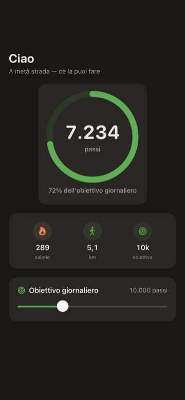 Contapassi per iPhone — anello circolare con il conteggio di oggi, la distanza e il progresso dell'obiettivo