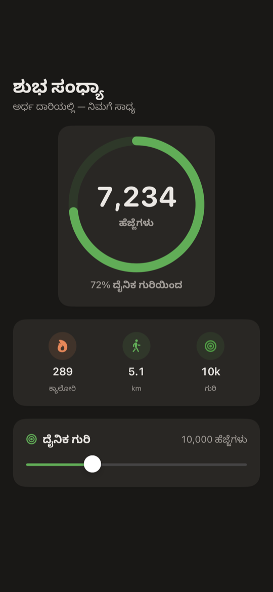iPhone ಗಾಗಿ SimpleSteps ಪೆಡೋಮೀಟರ್ — ಹೆಜ್ಜೆ ಉಂಗುರ, ಎಣಿಕೆ ಮತ್ತು ನಡೆದ ದೂರ ತೋರಿಸುವ ಇಂದಿನ ಪರದೆ