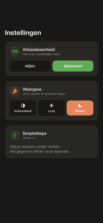 SimpleSteps Instellingen-scherm met afstandseenheid, weergave en stappendoel