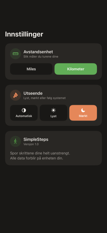 SimpleSteps Innstillinger-skjerm med distanseenhet, utseende og skrittmål