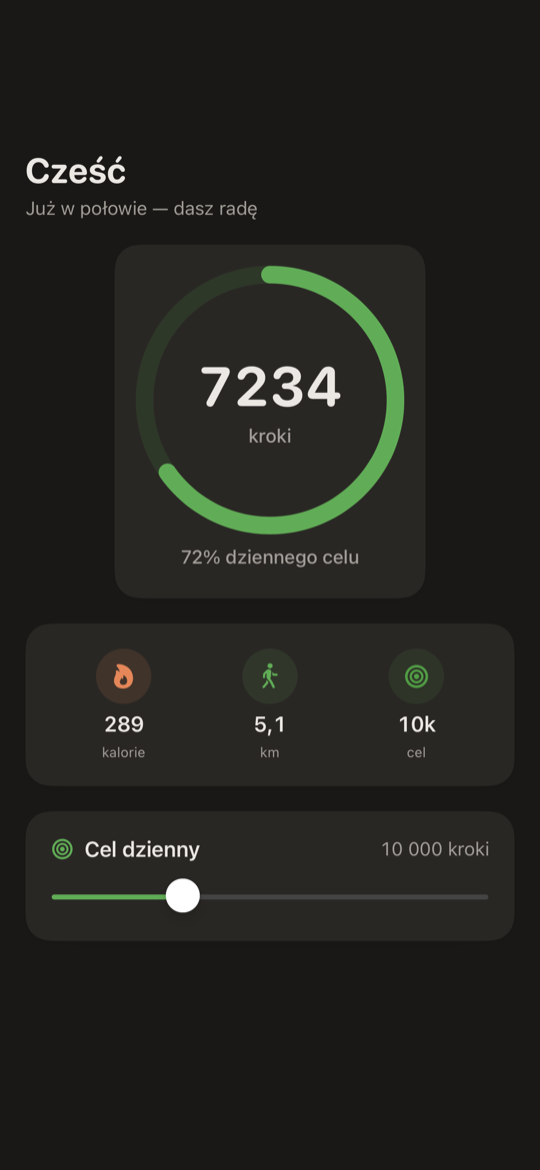 Krokomierz SimpleSteps dla iPhone'a — ekran „Dziś
