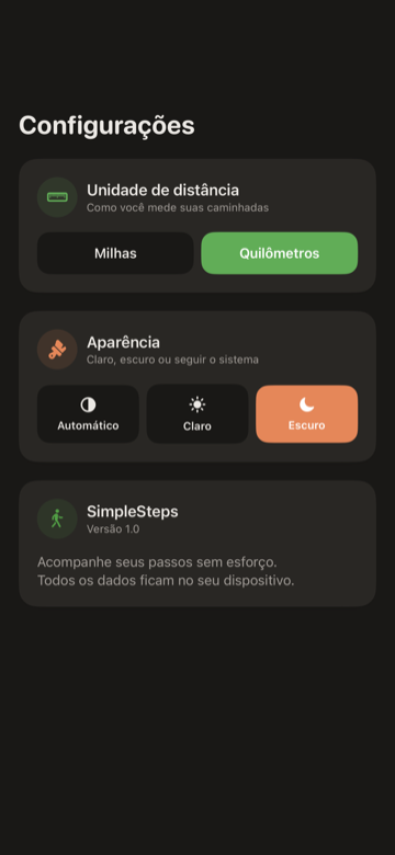 Tela de Ajustes do SimpleSteps com unidade de distância, aparência e meta de passos