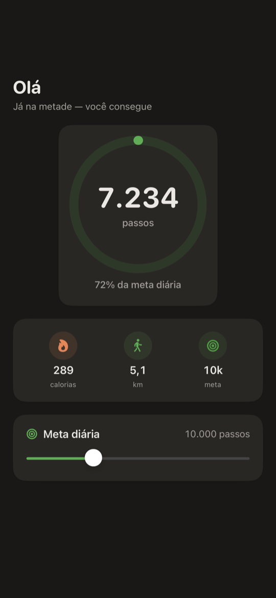 Pedômetro SimpleSteps para iPhone — tela Hoje mostrando o anel de passos, o contador e a distância percorrida