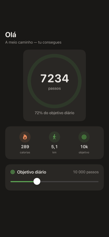 Contador de passos para iPhone — anel circular com a contagem de hoje, distância e progresso do objetivo
