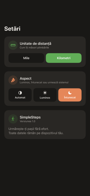 Ecran Setări SimpleSteps cu unitatea de distanță, aspectul și obiectivul de pași