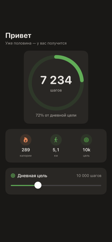Счётчик шагов для iPhone — круглое кольцо шагов с сегодняшним числом, расстоянием и прогрессом цели
