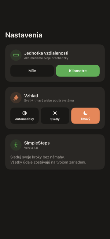 Obrazovka Nastavení SimpleSteps s jednotkou vzdialenosti, vzhľadom a cieľom krokov