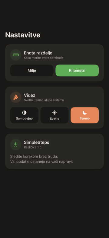 Zaslon Nastavitev SimpleSteps z enoto razdalje, videzom in ciljem korakov