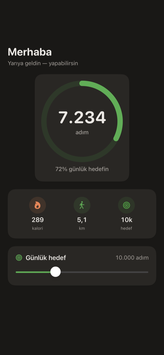 iPhone için SimpleSteps adım sayar — adım halkası, sayım ve yürünen mesafeyi gösteren Bugün ekranı