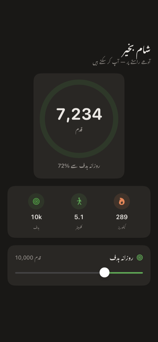 iPhone کے لیے SimpleSteps پیڈومیٹر — قدم رنگ، قدم گنتی اور چلے گئے فاصلے کے ساتھ آج کا اسکرین