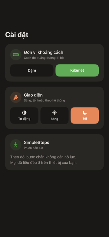 Màn hình Cài đặt SimpleSteps với đơn vị quãng đường, giao diện và mục tiêu bước