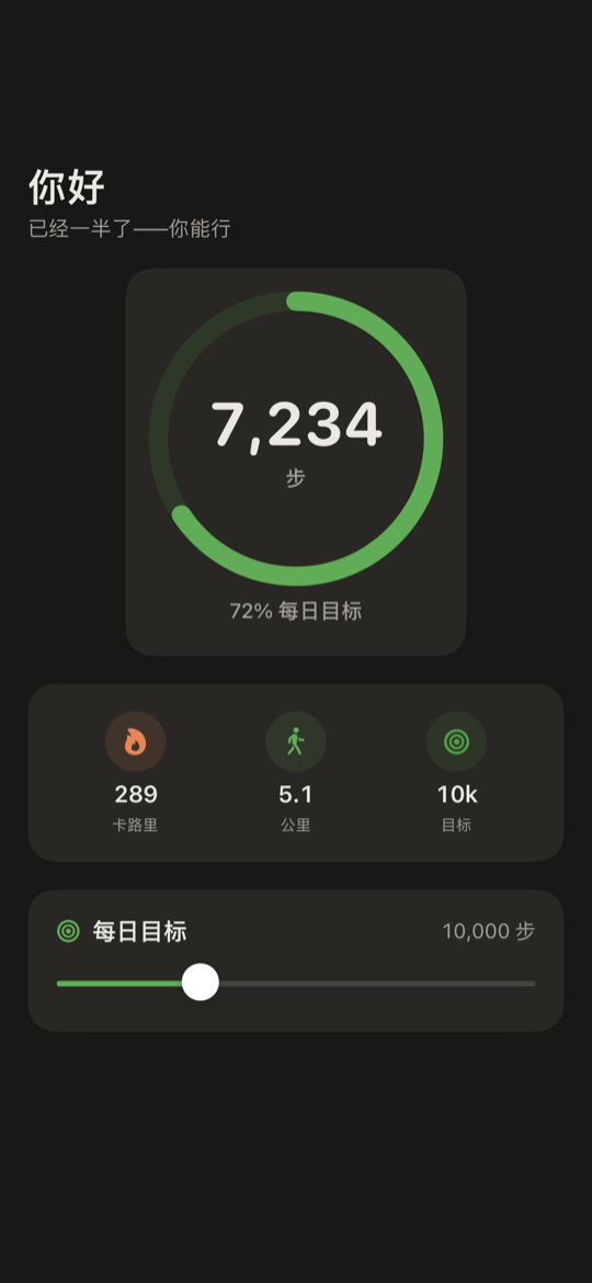 iPhone 上的 SimpleSteps 计步器 — 显示步数环、步数和已走距离的「今天」界面